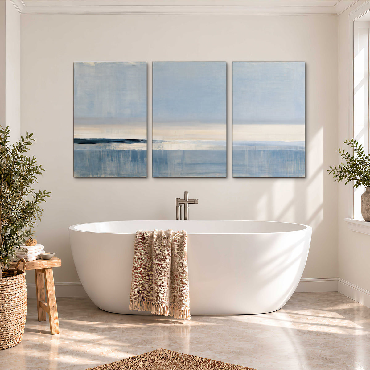 A minimal blue seascape with a pale horizon and soft vertical reflections 3 piece canvas wall art styled in an interior