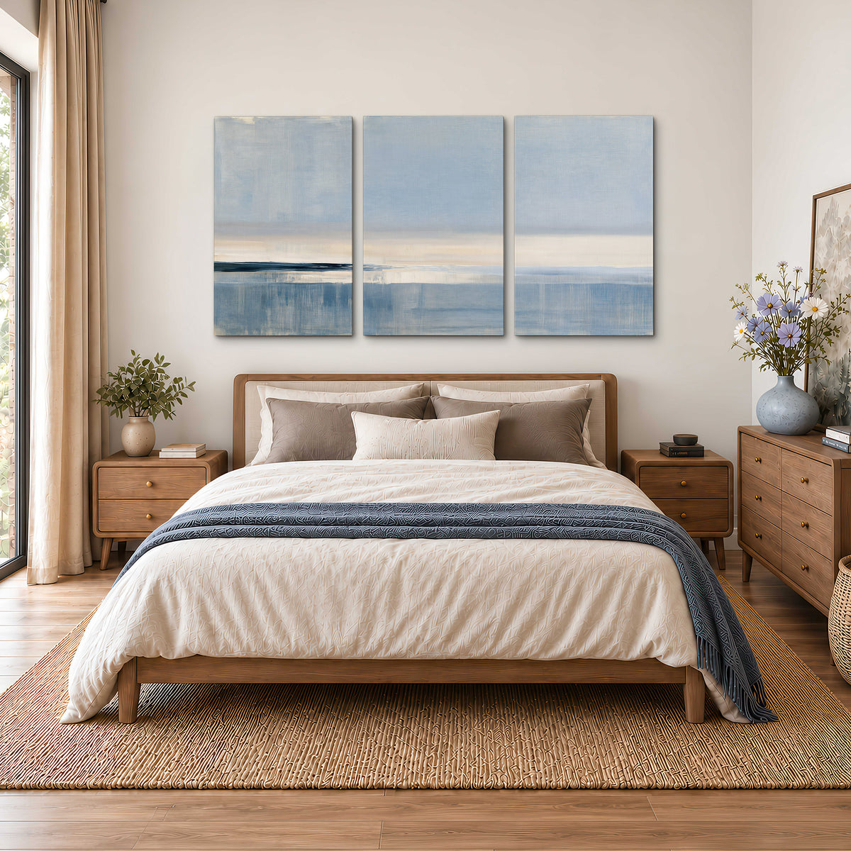 A minimal blue seascape with a pale horizon and soft vertical reflections 3 piece canvas wall art styled in an interior