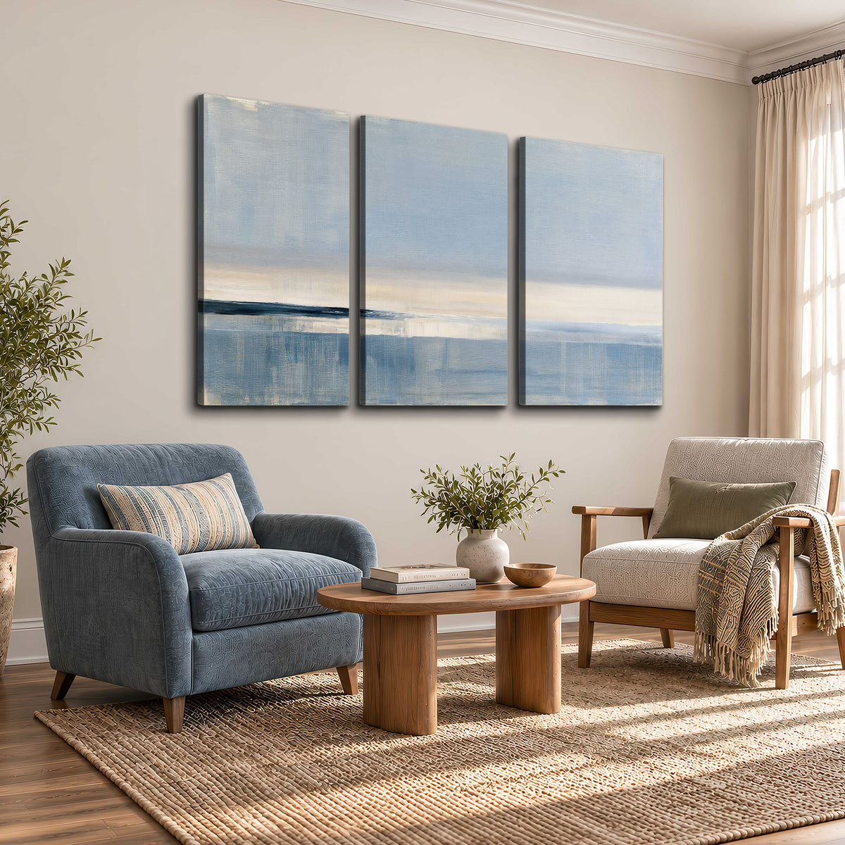 A minimal blue seascape with a pale horizon and soft vertical reflections 3 piece canvas wall art styled in an interior