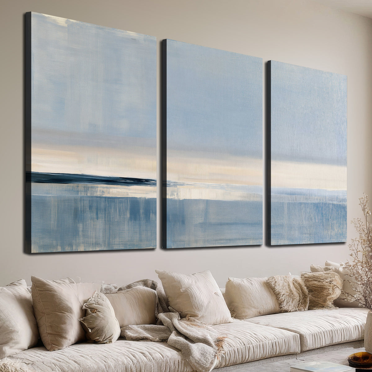 A minimal blue seascape with a pale horizon and soft vertical reflections 3 piece canvas wall art room and product view