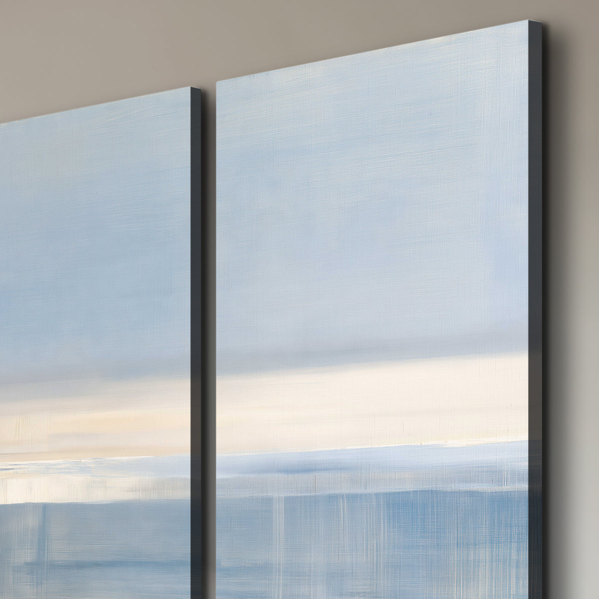 A minimal blue seascape with a pale horizon and soft vertical reflections 3 piece canvas wall art room and product view