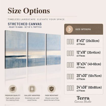 A minimal blue seascape with a pale horizon and soft vertical reflections 3 piece canvas wall art available dimensions; triptych dimensions are per panel