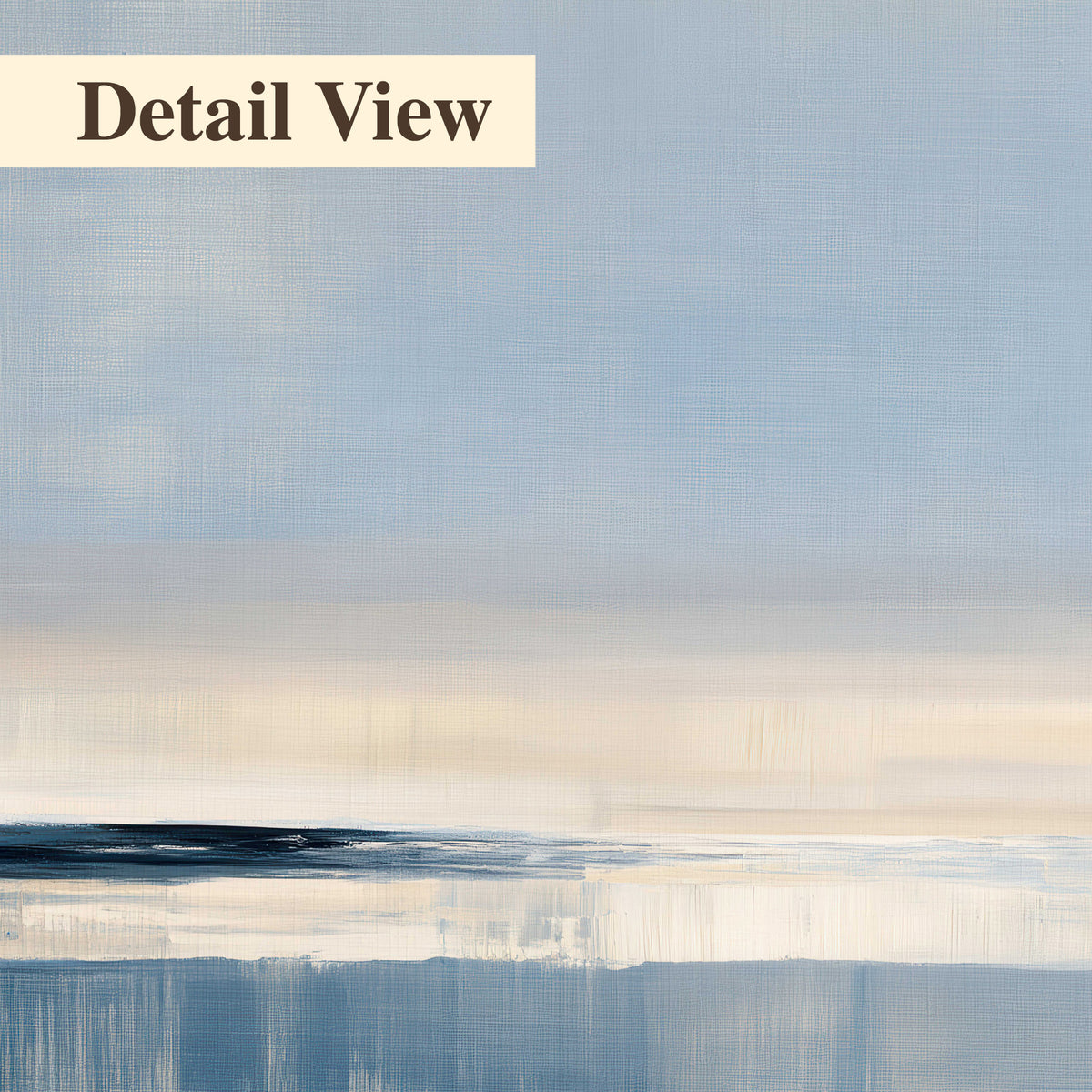 A minimal blue seascape with a pale horizon and soft vertical reflections 3 piece canvas wall art artwork detail close up
