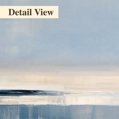A minimal blue seascape with a pale horizon and soft vertical reflections 3 piece canvas wall art artwork detail close up