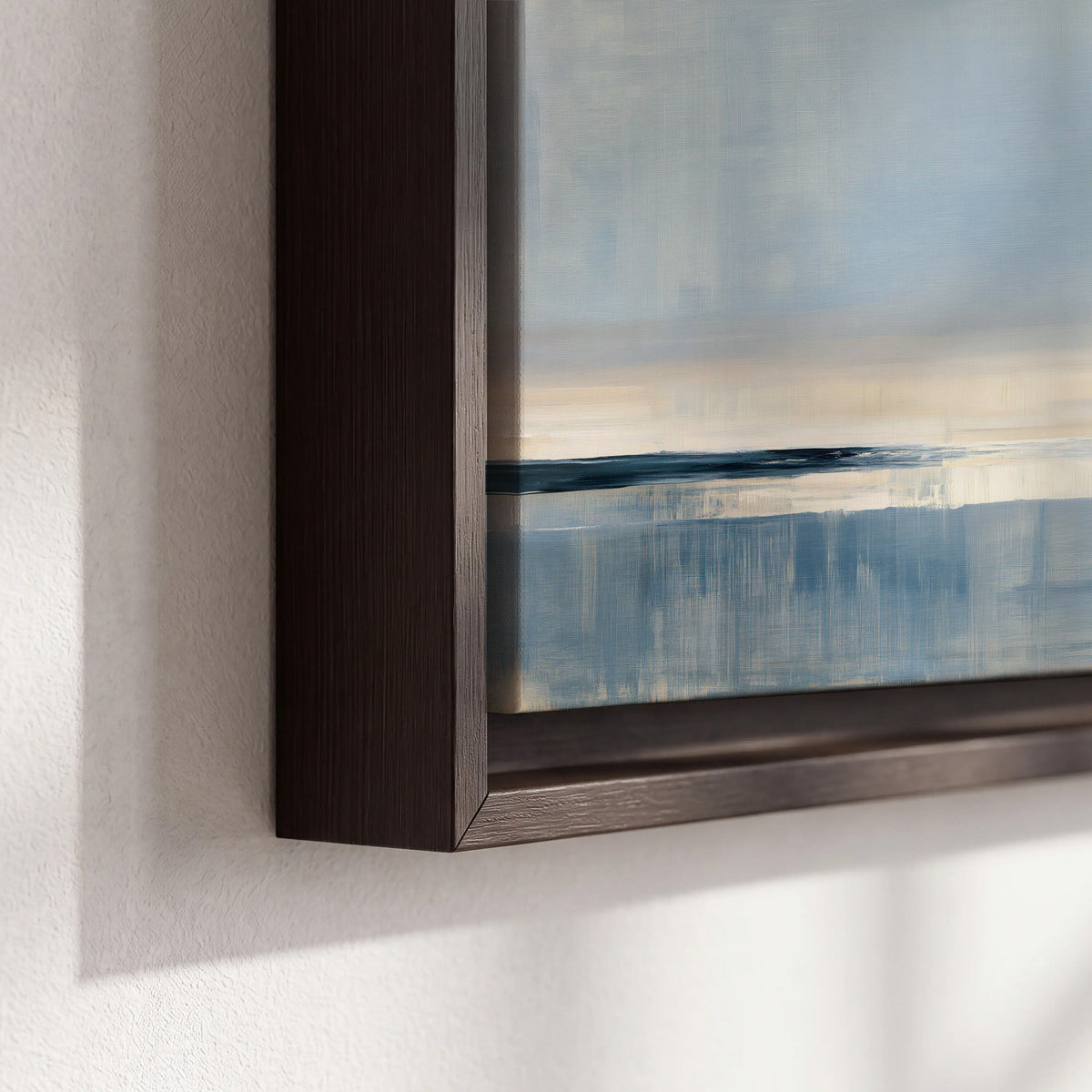 A minimal blue seascape with a pale horizon and soft vertical reflections 3 piece framed canvas wall art material and edge close up