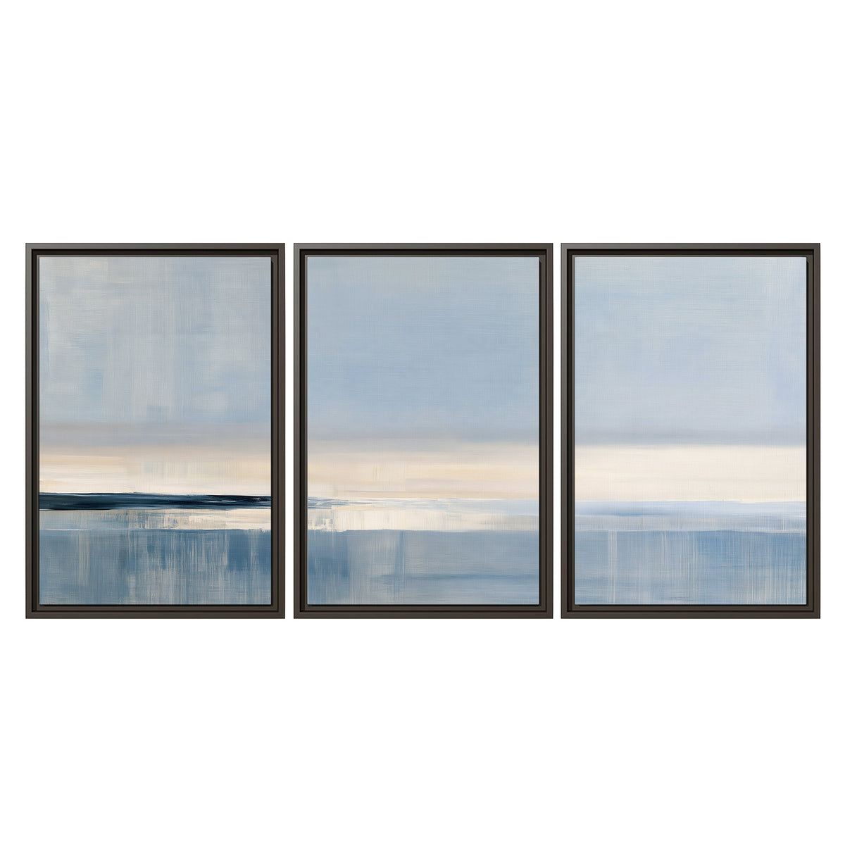 A minimal blue seascape with a pale horizon and soft vertical reflections 3 piece framed canvas wall art viewed straight on