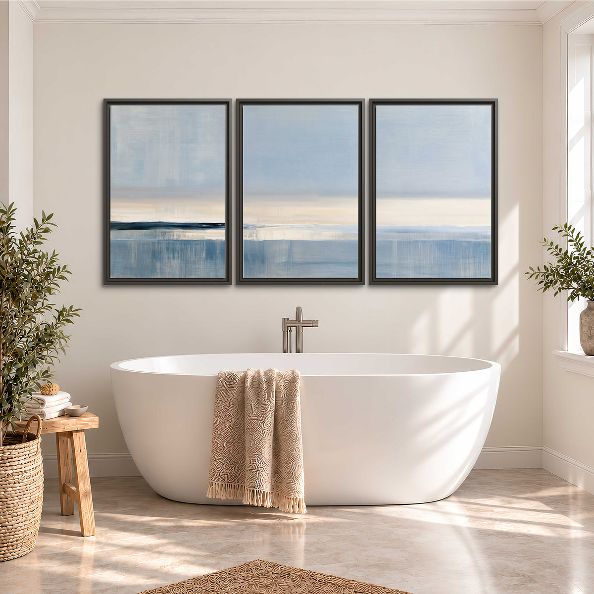 A minimal blue seascape with a pale horizon and soft vertical reflections 3 piece framed canvas wall art styled in an interior