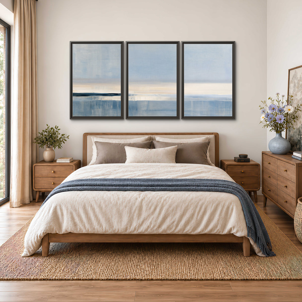 A minimal blue seascape with a pale horizon and soft vertical reflections 3 piece framed canvas wall art styled in an interior