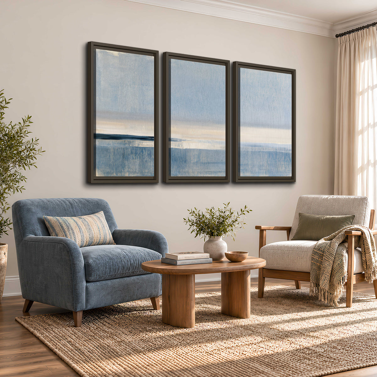 A minimal blue seascape with a pale horizon and soft vertical reflections 3 piece framed canvas wall art styled in an interior