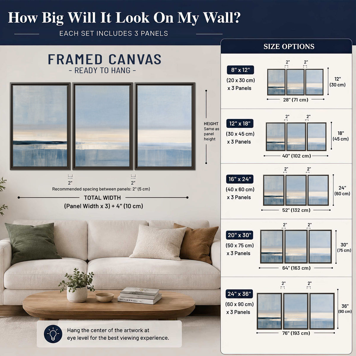 A minimal blue seascape with a pale horizon and soft vertical reflections 3 piece framed canvas wall art size guide above a sofa; room view is illustrative