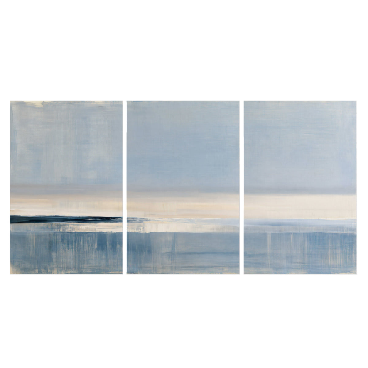 A minimal blue seascape with a pale horizon and soft vertical reflections set of 3 poster prints viewed straight on