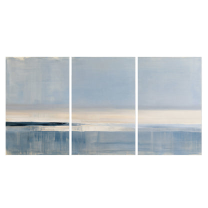 A minimal blue seascape with a pale horizon and soft vertical reflections set of 3 poster prints viewed straight on