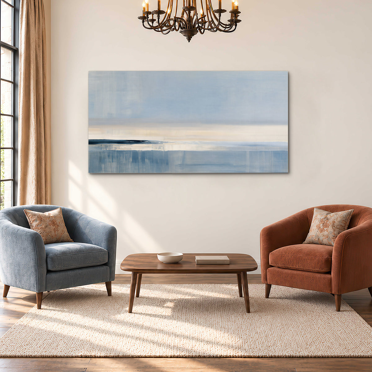 A minimal blue seascape with a pale horizon and soft vertical reflections single canvas wall art styled in an interior