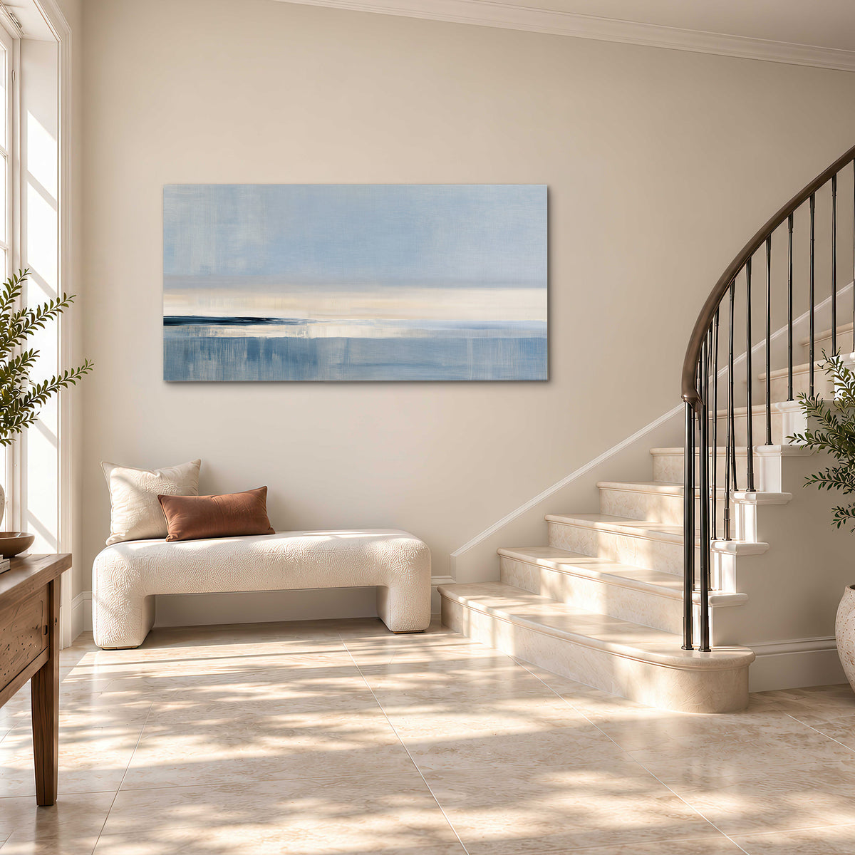 A minimal blue seascape with a pale horizon and soft vertical reflections single canvas wall art styled in an interior