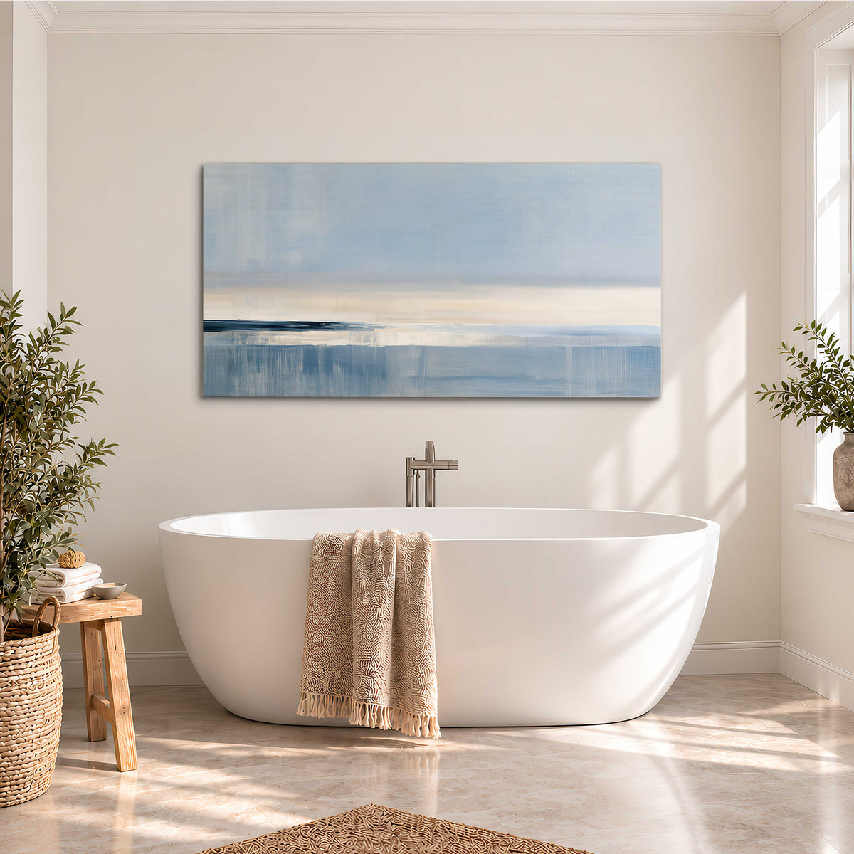A minimal blue seascape with a pale horizon and soft vertical reflections single canvas wall art styled in an interior