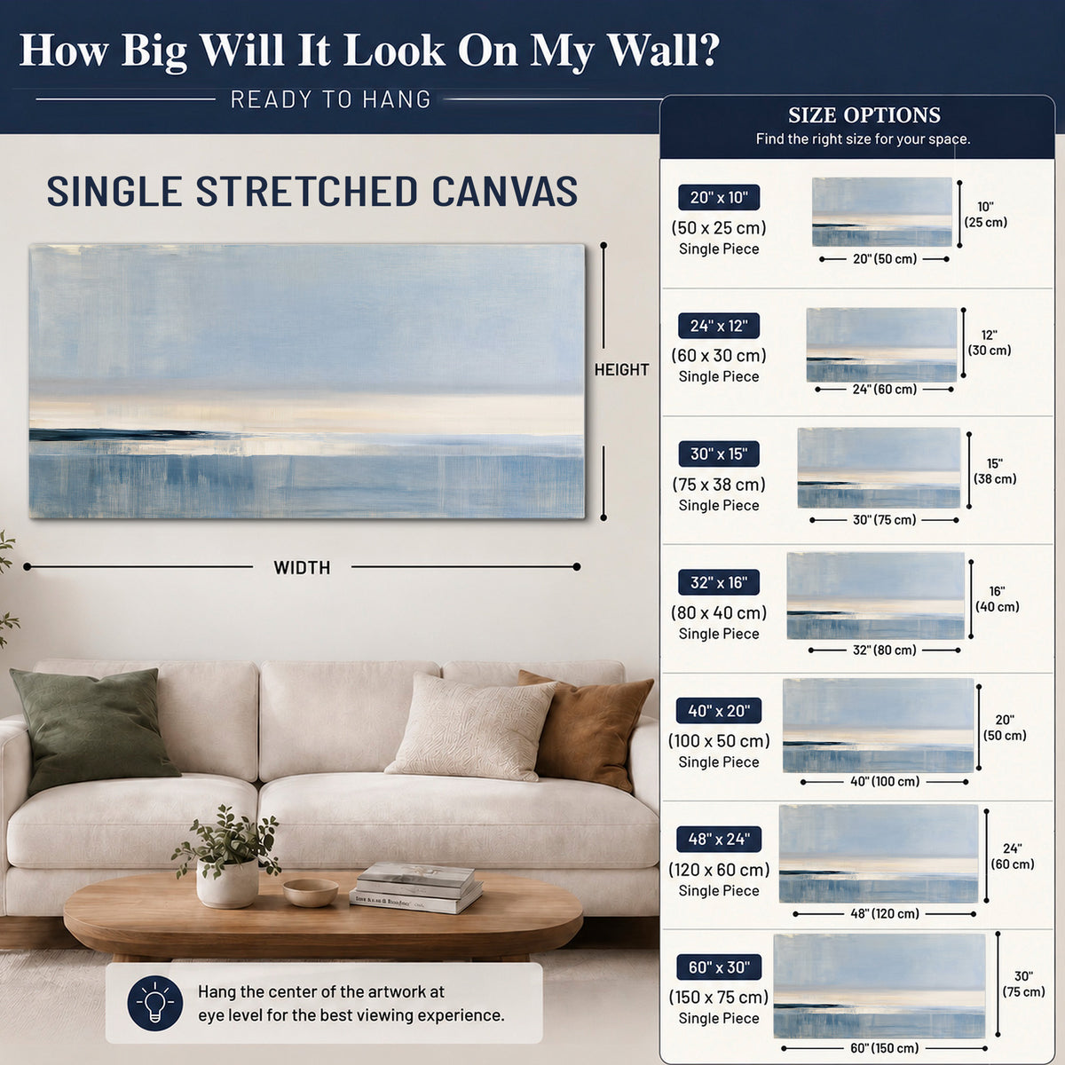 A minimal blue seascape with a pale horizon and soft vertical reflections single canvas wall art size guide above a sofa; room view is illustrative