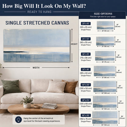 A minimal blue seascape with a pale horizon and soft vertical reflections single canvas wall art size guide above a sofa; room view is illustrative