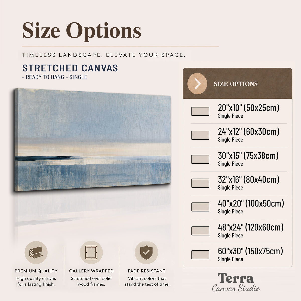 A minimal blue seascape with a pale horizon and soft vertical reflections single canvas wall art available dimensions