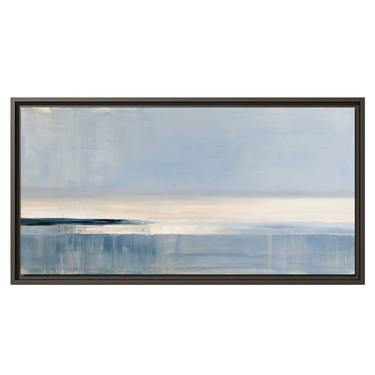A minimal blue seascape with a pale horizon and soft vertical reflections single framed canvas wall art viewed straight on