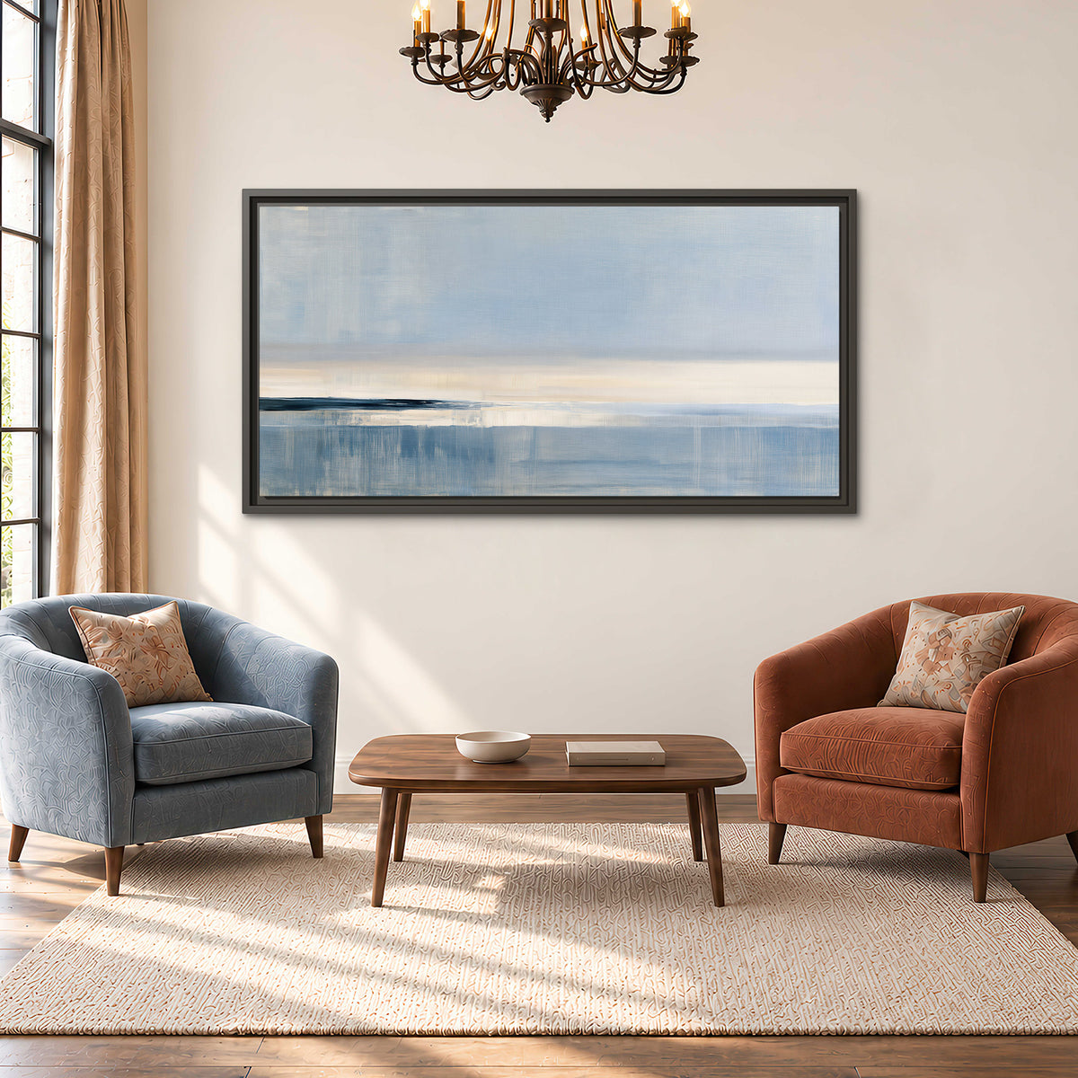 A minimal blue seascape with a pale horizon and soft vertical reflections single framed canvas wall art styled in an interior