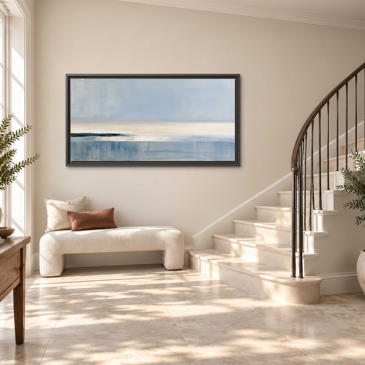 A minimal blue seascape with a pale horizon and soft vertical reflections single framed canvas wall art styled in an interior