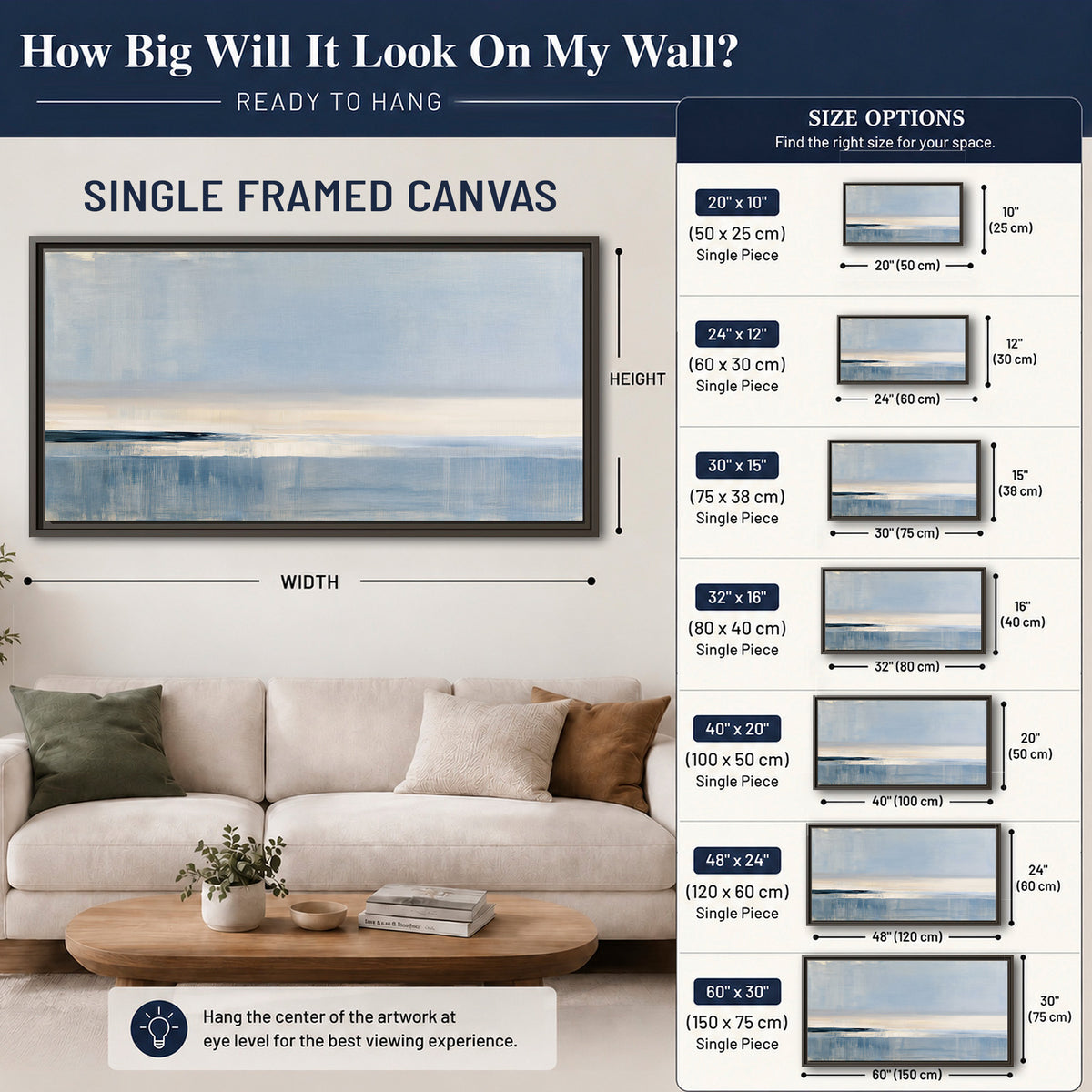 A minimal blue seascape with a pale horizon and soft vertical reflections single framed canvas wall art size guide above a sofa; room view is illustrative