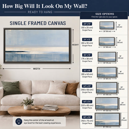 A minimal blue seascape with a pale horizon and soft vertical reflections single framed canvas wall art size guide above a sofa; room view is illustrative