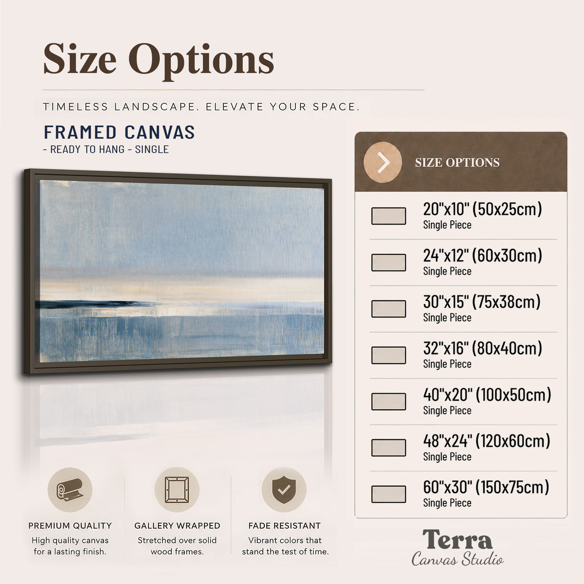 A minimal blue seascape with a pale horizon and soft vertical reflections single framed canvas wall art available dimensions
