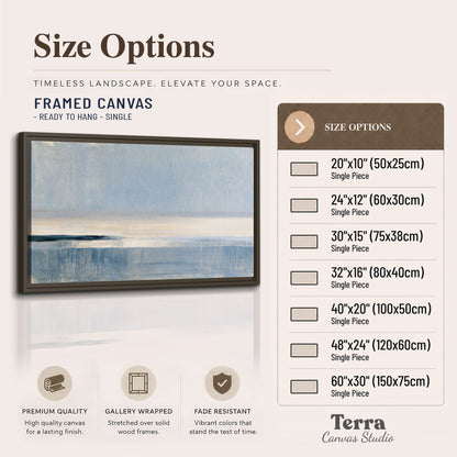 A minimal blue seascape with a pale horizon and soft vertical reflections single framed canvas wall art available dimensions