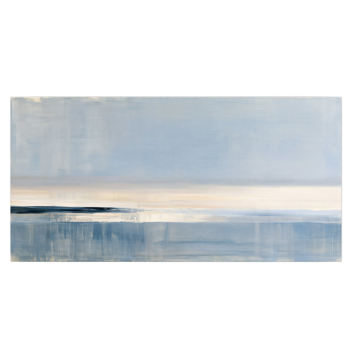 A minimal blue seascape with a pale horizon and soft vertical reflections single poster print viewed straight on