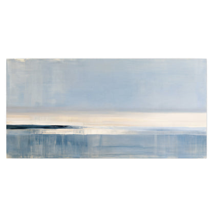 A minimal blue seascape with a pale horizon and soft vertical reflections single poster print viewed straight on