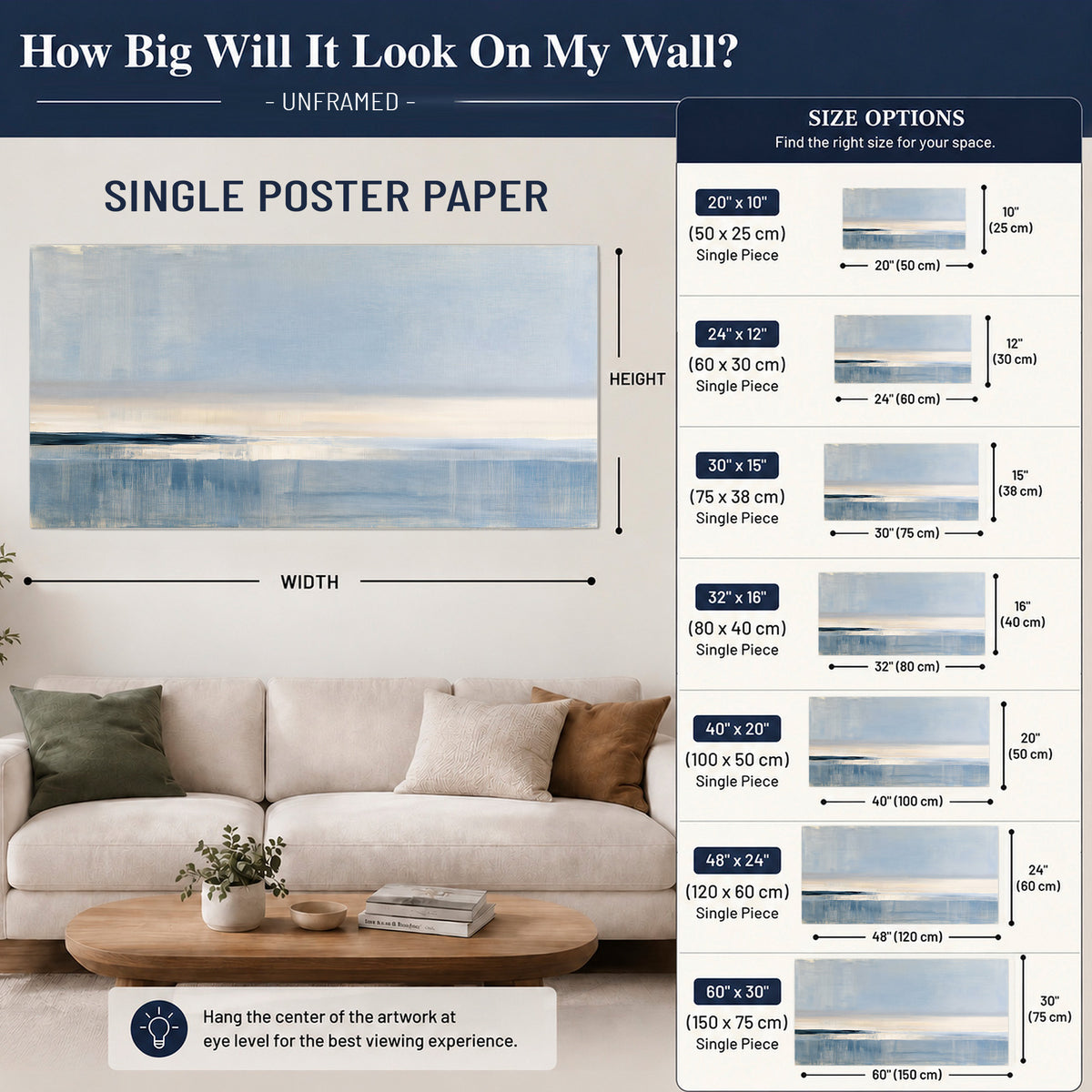 A minimal blue seascape with a pale horizon and soft vertical reflections single poster print size guide above a sofa; room view is illustrative