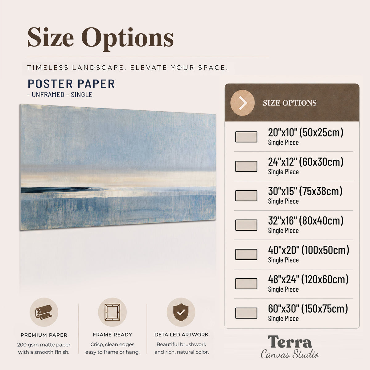 A minimal blue seascape with a pale horizon and soft vertical reflections single poster print available dimensions