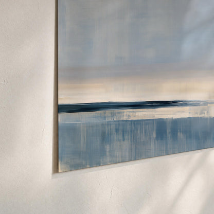 A minimal blue seascape with a pale horizon and soft vertical reflections set of 3 poster prints material and edge close up
