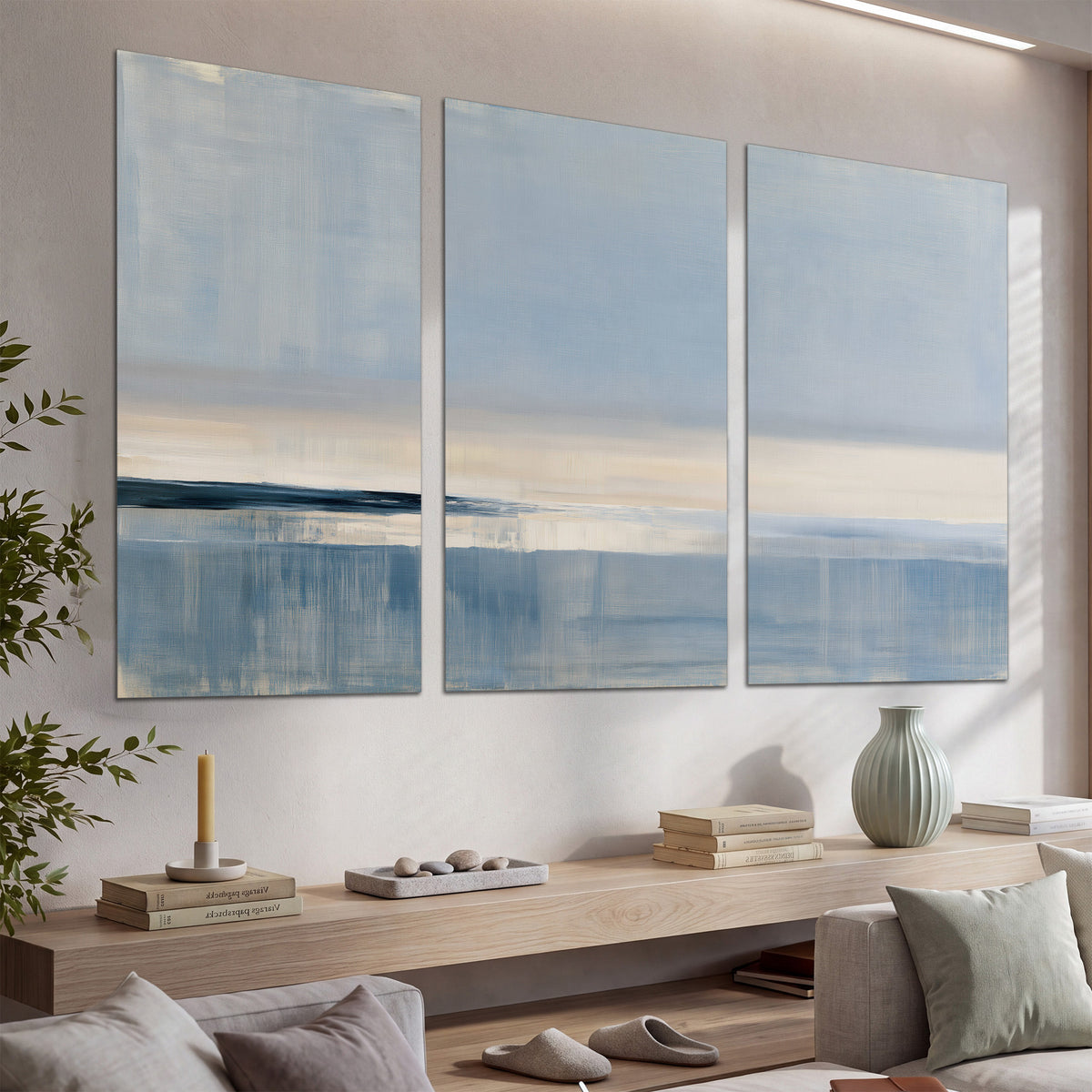 A minimal blue seascape with a pale horizon and soft vertical reflections set of 3 poster prints displayed in a console