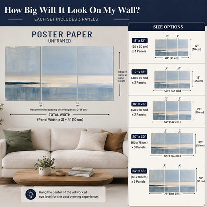 A minimal blue seascape with a pale horizon and soft vertical reflections set of 3 poster prints size guide above a sofa; room view is illustrative