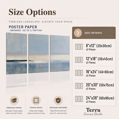 A minimal blue seascape with a pale horizon and soft vertical reflections set of 3 poster prints available dimensions; triptych dimensions are per panel