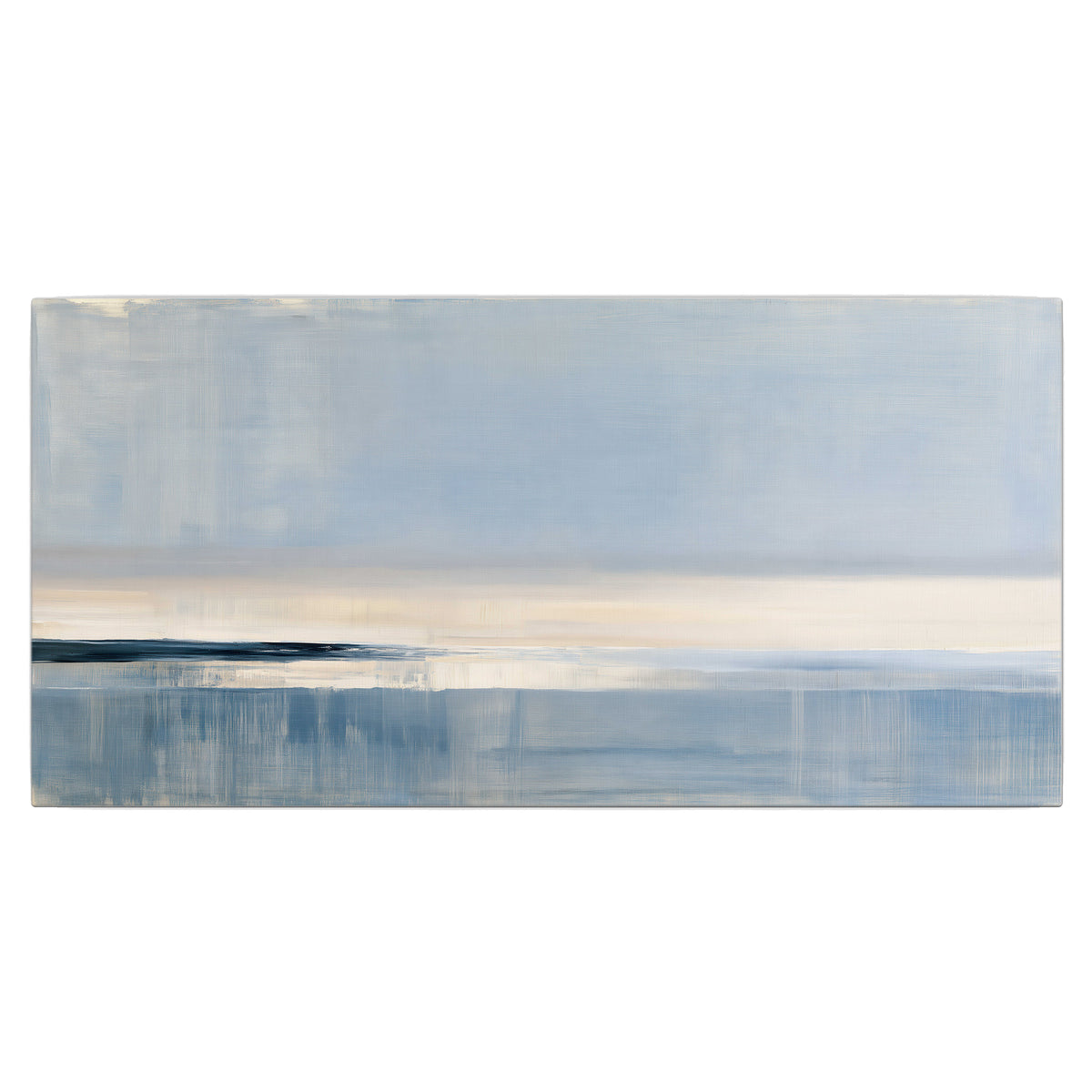 A minimal blue seascape with a pale horizon and soft vertical reflections single canvas wall art viewed straight on