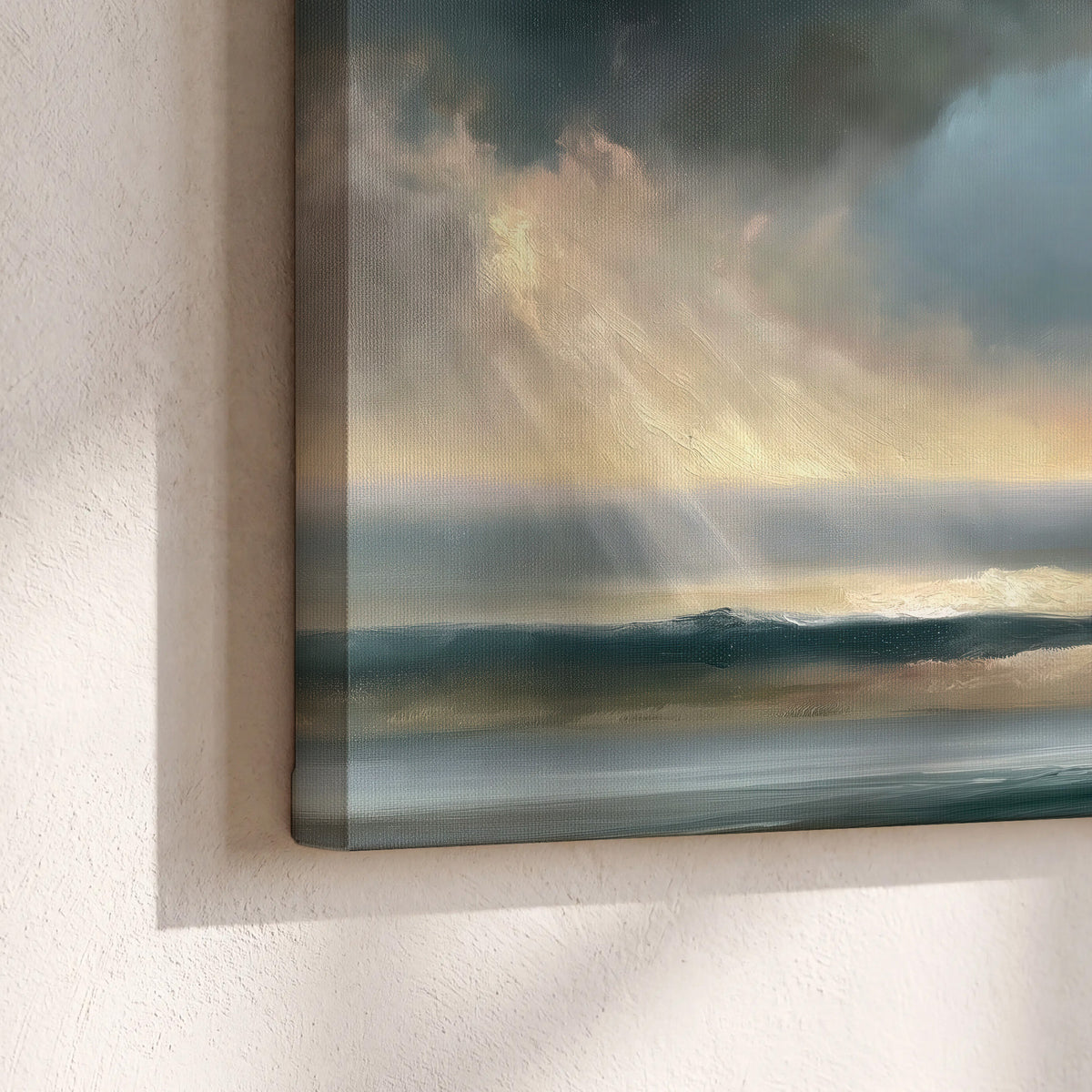 Dramatic blue-gray storm clouds breaking over a pale strip of ocean light 3 piece canvas wall art material and edge close up
