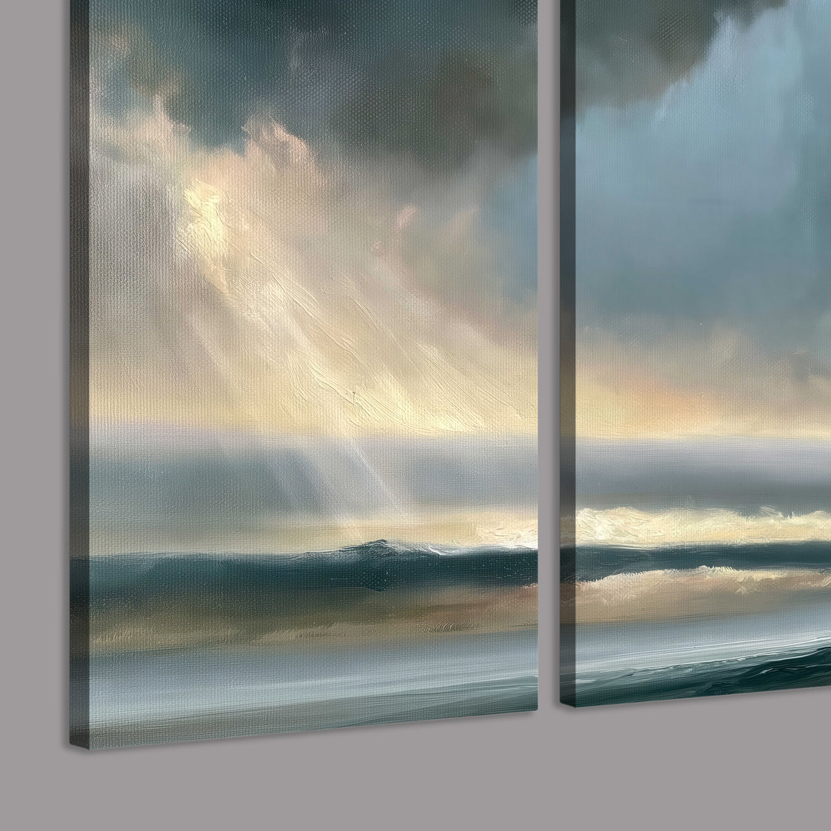 Dramatic blue-gray storm clouds breaking over a pale strip of ocean light 3 piece canvas wall art room and product view