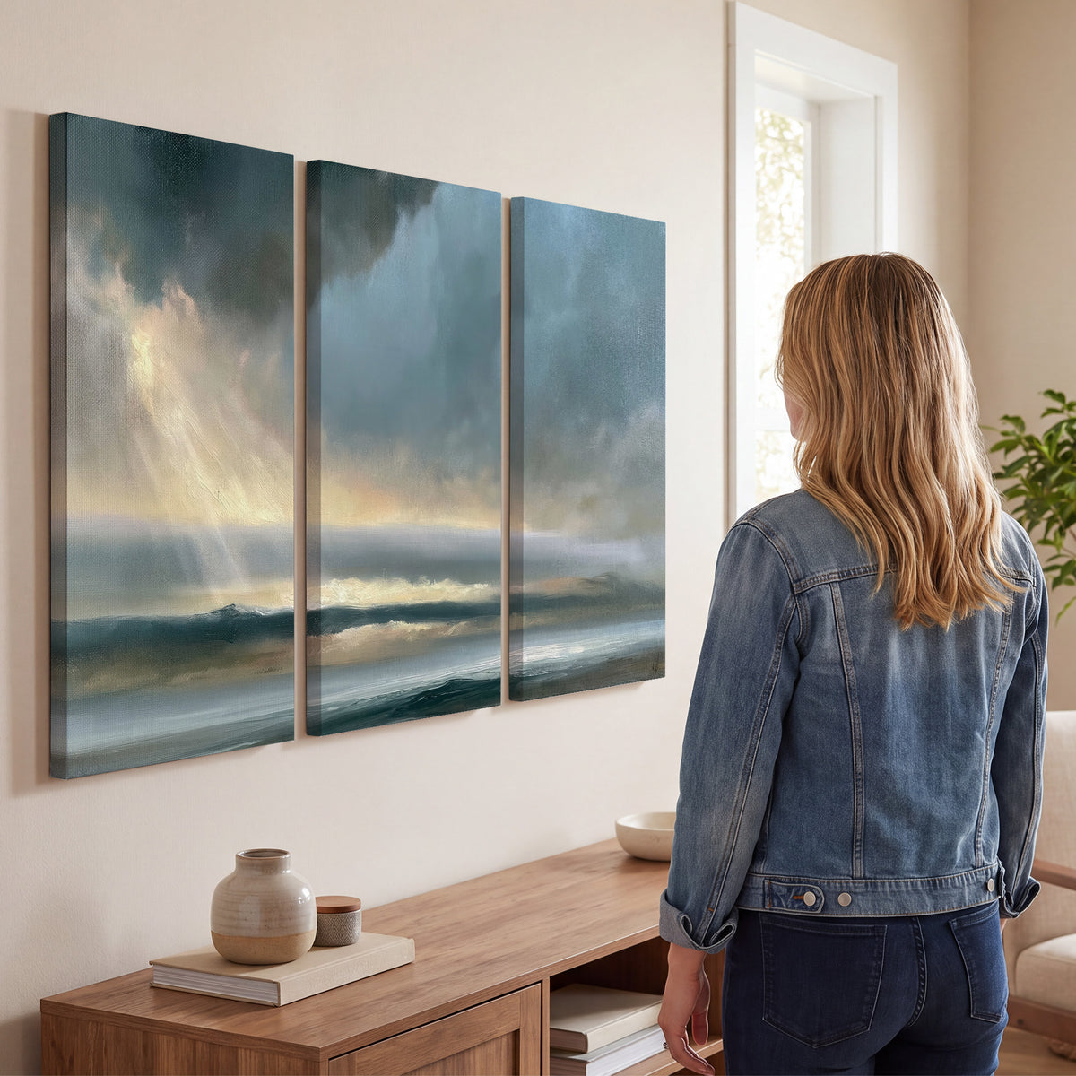 Dramatic blue-gray storm clouds breaking over a pale strip of ocean light 3 piece canvas wall art three panel arrangement on a wall