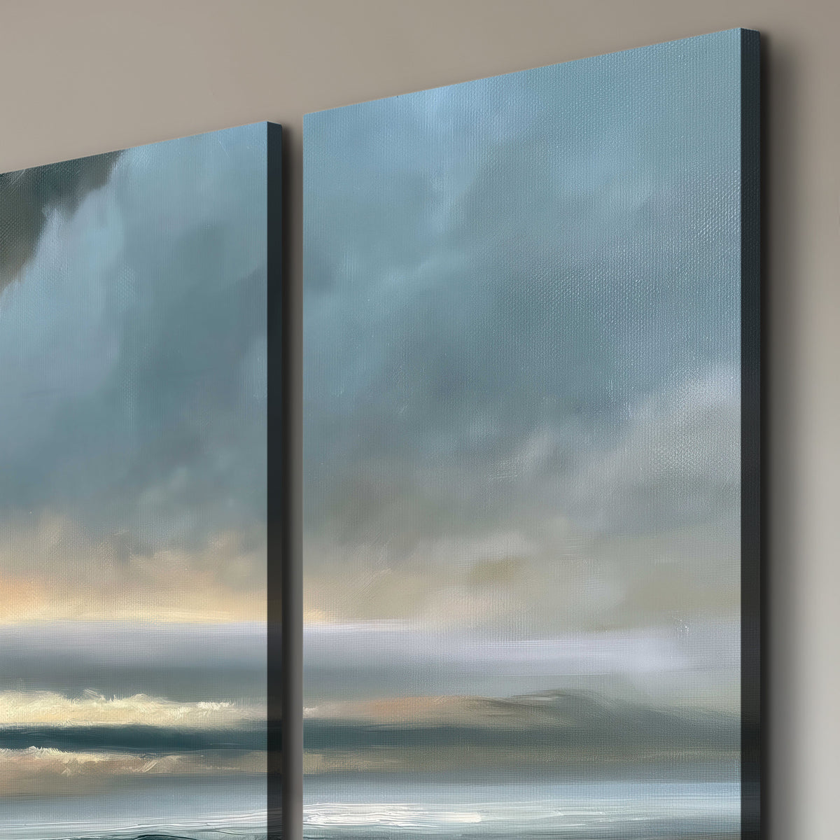 Dramatic blue-gray storm clouds breaking over a pale strip of ocean light 3 piece canvas wall art room and product view