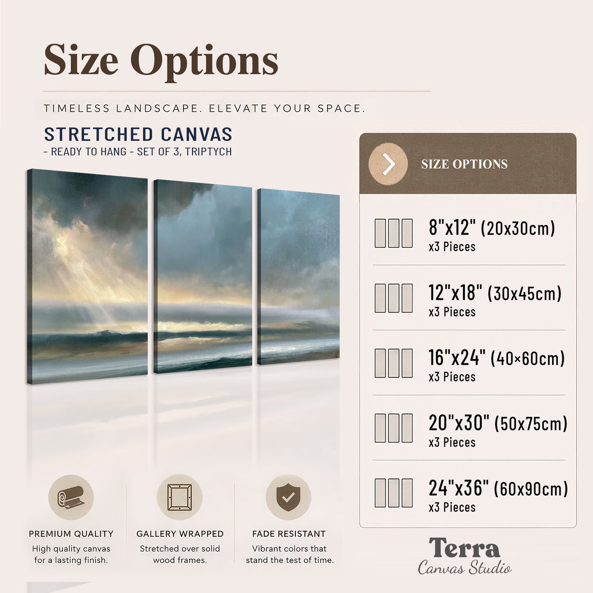 Dramatic blue-gray storm clouds breaking over a pale strip of ocean light 3 piece canvas wall art available dimensions; triptych dimensions are per panel