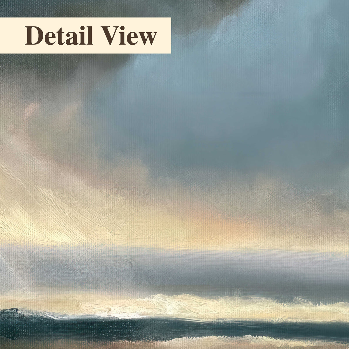 Dramatic blue-gray storm clouds breaking over a pale strip of ocean light 3 piece canvas wall art artwork detail close up