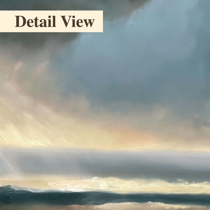 Dramatic blue-gray storm clouds breaking over a pale strip of ocean light 3 piece canvas wall art artwork detail close up