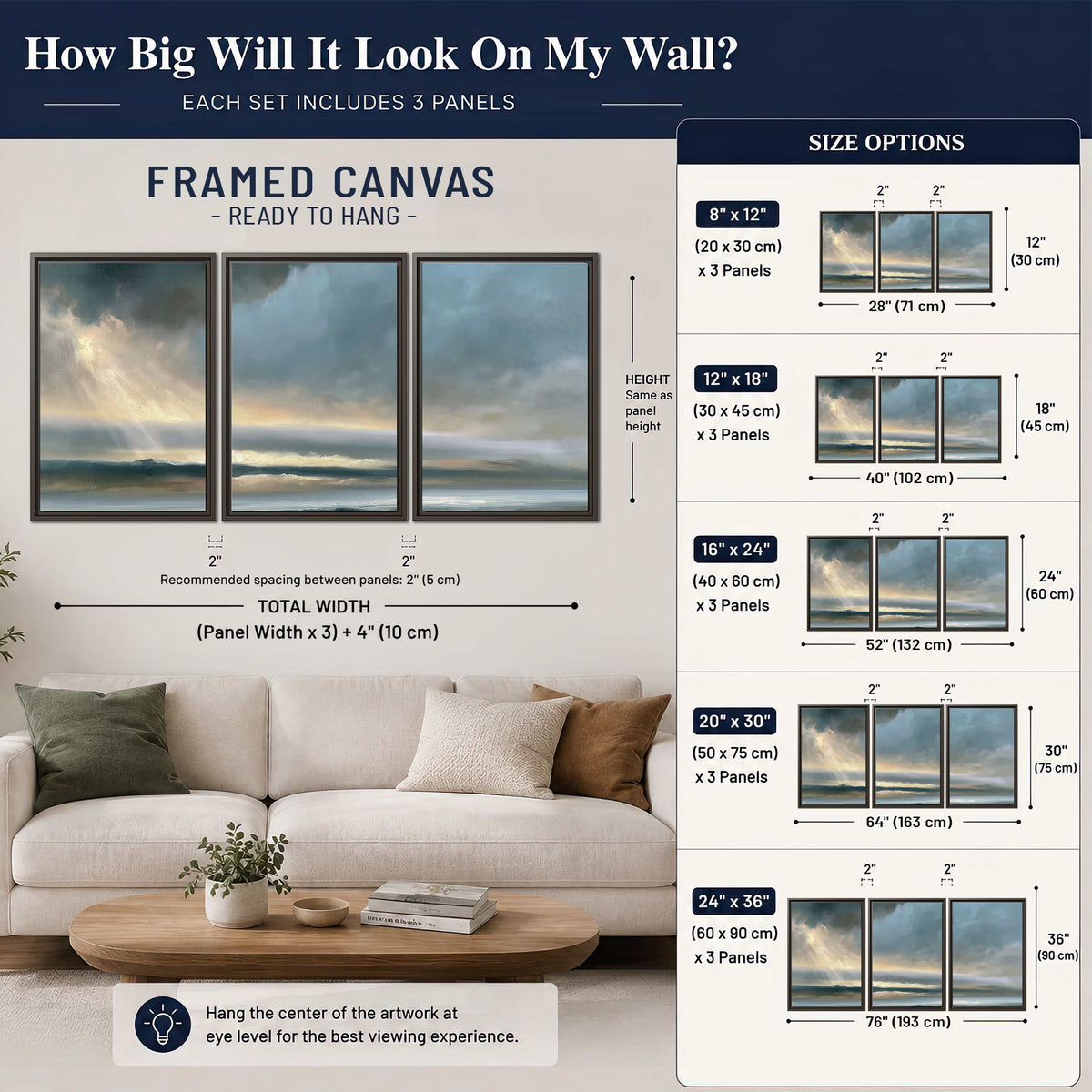 Dramatic blue-gray storm clouds breaking over a pale strip of ocean light 3 piece framed canvas wall art size guide above a sofa; room view is illustrative
