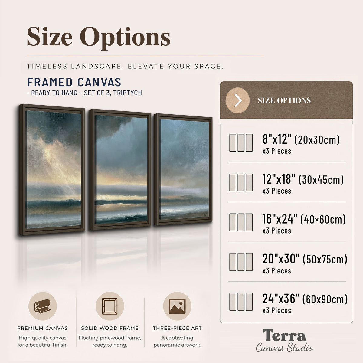 Dramatic blue-gray storm clouds breaking over a pale strip of ocean light 3 piece framed canvas wall art available dimensions; triptych dimensions are per panel