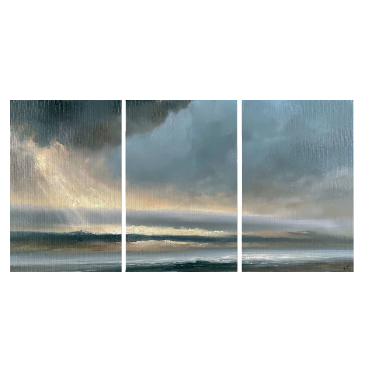 Dramatic blue-gray storm clouds breaking over a pale strip of ocean light set of 3 poster prints viewed straight on