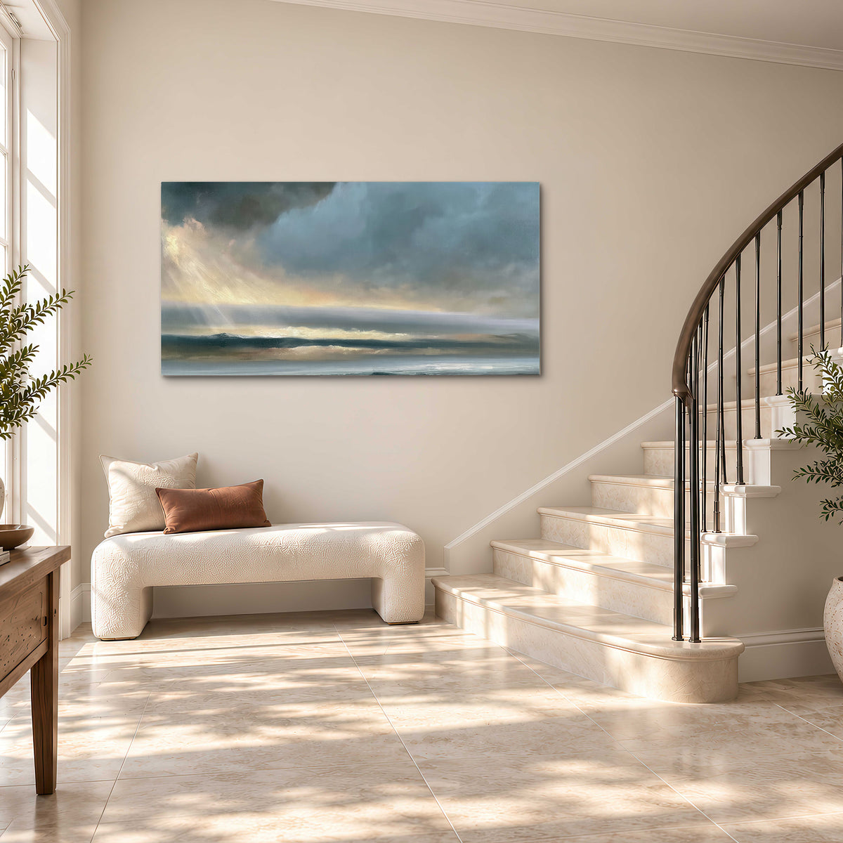 Dramatic blue-gray storm clouds breaking over a pale strip of ocean light single canvas wall art styled in an interior
