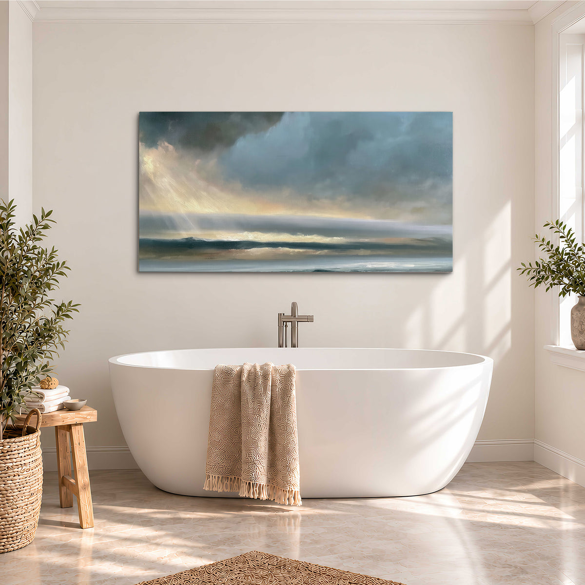 Dramatic blue-gray storm clouds breaking over a pale strip of ocean light single canvas wall art styled in an interior